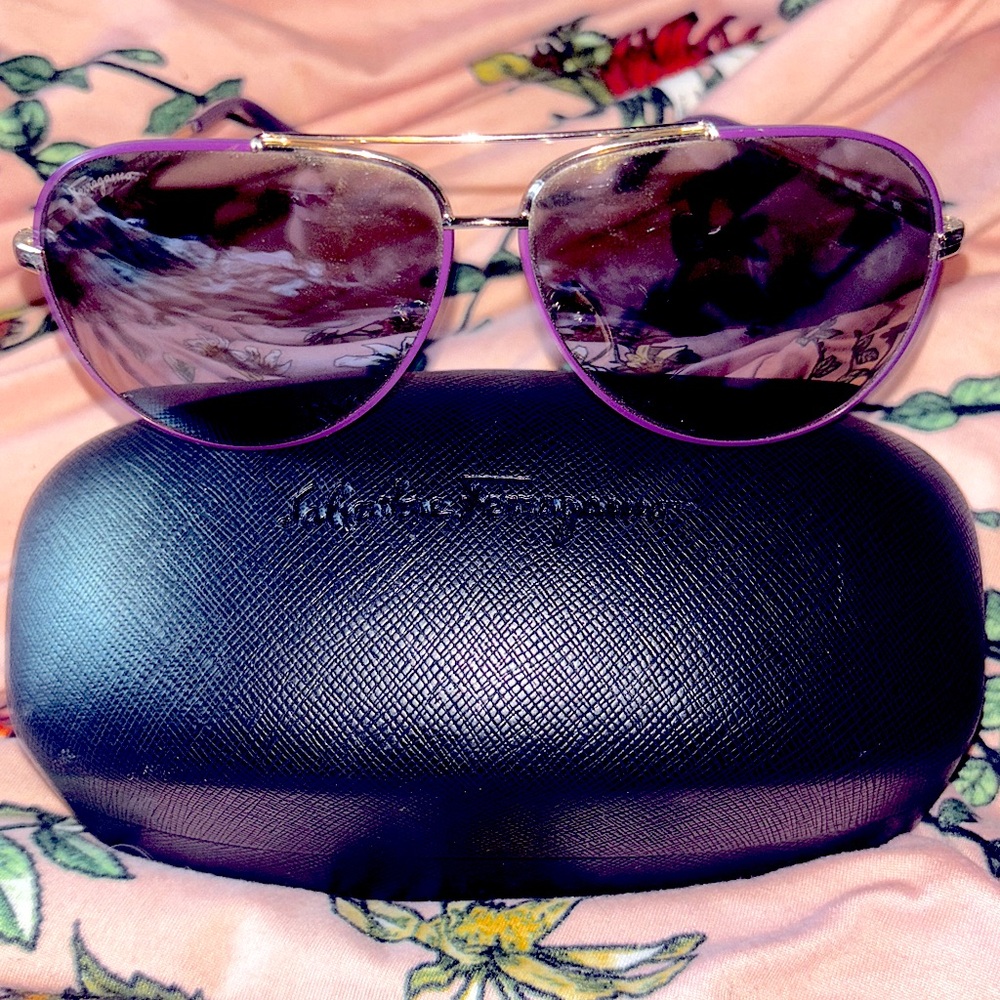 Salvatore Ferragamo Perfectly Purpled Polarized Aviators w/ hard shell case
